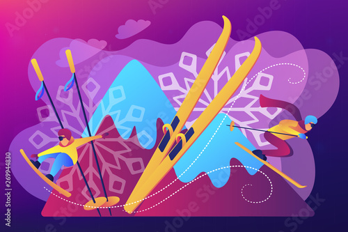 Skier and snowboarder sliding downhill in mountains. Winter extreme sports, downhill cross-country skiing, snowboarding freeride concept. Bright vibrant violet vector isolated illustration