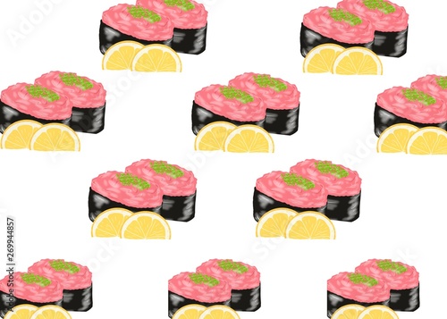 Japanese food style, Hand drawn of Sushi tuna roll sprinkled with scallion sliced seamless pattern as a background, Great for menu, Collection food concept, for background uses (Negi Toro), isolated