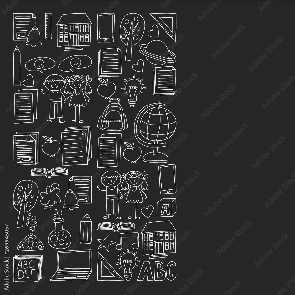 Vector set of secondary school icons in doodle style. Painted, black monochrome, chalk pictures on a blackboard.
