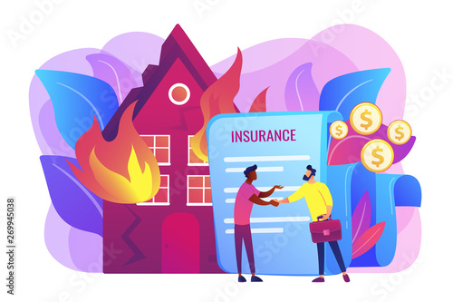 Burn house, flaming building. Insurance agent and customer flat characters. Fire insurance, fire economic losses, protect your property concept. Bright vibrant violet vector isolated illustration