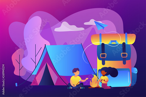 Tiny people kids sitting at campfire and roasting marshmallow near tent and huge backpack. Summer camp, sleepaway camp, kids vacation time concept. Bright vibrant violet vector isolated illustration