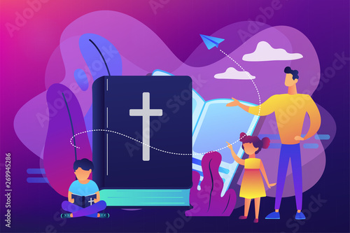 Tiny people, kids boy and girl in christian summer camp reading bible. Religious summer camp, faith based camp, religious education concept. Bright vibrant violet vector isolated illustration