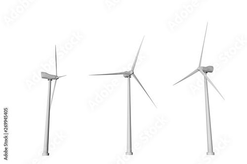 3 windmills with different rotation angles view from bottom isolated on white background - wind energy industrial illustration, 3D illustration