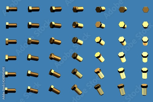 a lot of yellow, golden gudgeons rotated by different angles isolated on blue - creative industrial 3D illustration, image for any using photo