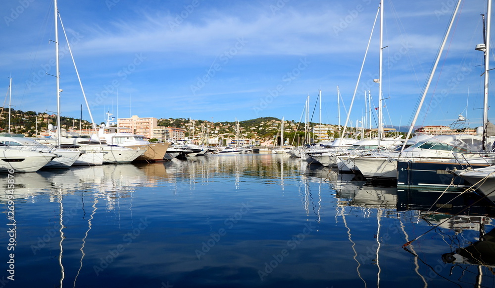 Boats and yachts in Golf Juan harbor, French Riviera, France