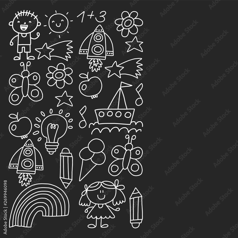 Children garden, Monochrome hand drawn children garden elements pattern, doodle illustration, Vector, illustration, Vertical