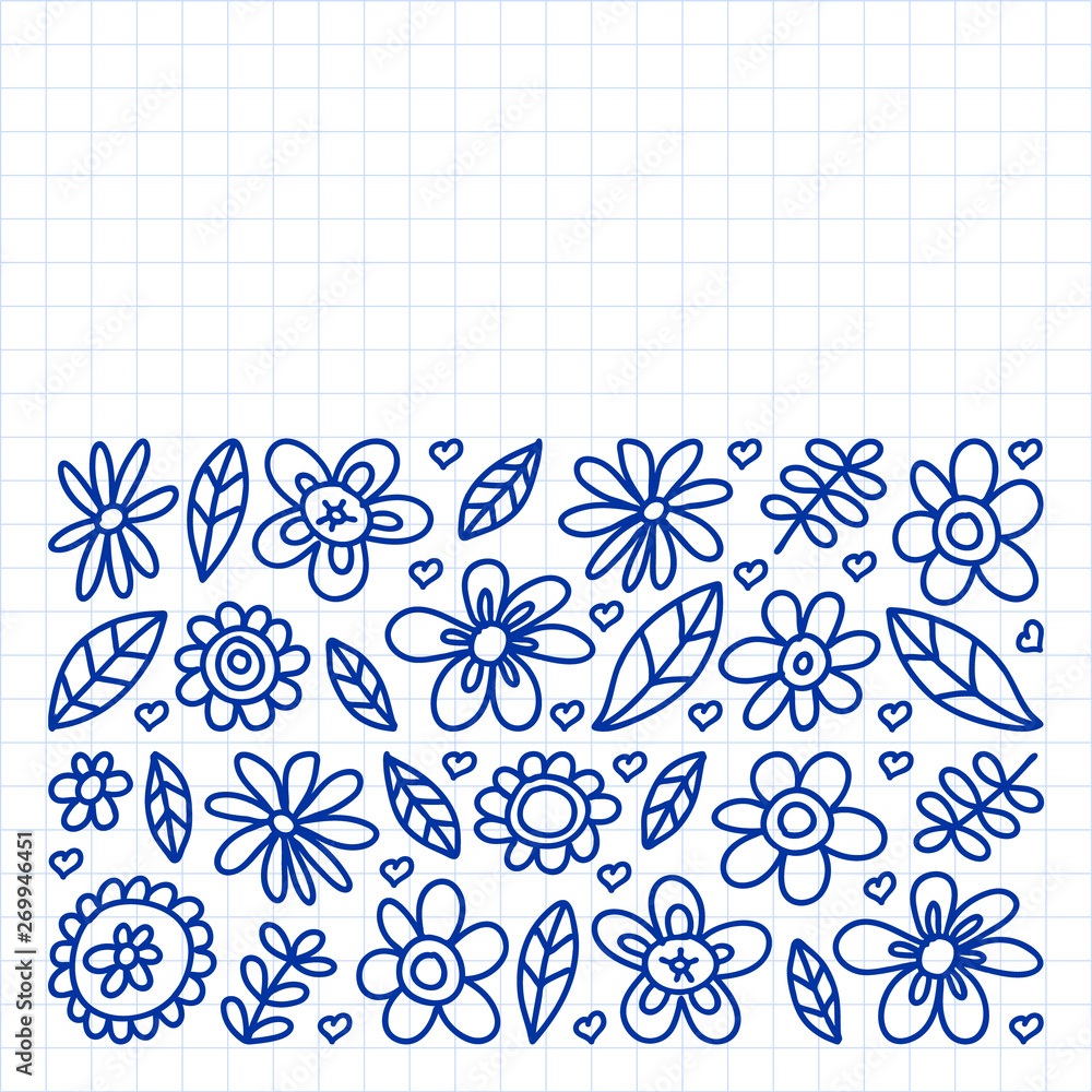 Vector set of child drawing flowers icons in doodle style. Painted, drawn with a pen, on a sheet of checkered paper on a white background. Vector set of child drawing flowers icons in doodle style. Painted, drawn with a pen, on a sheet of checkered paper on a white background.