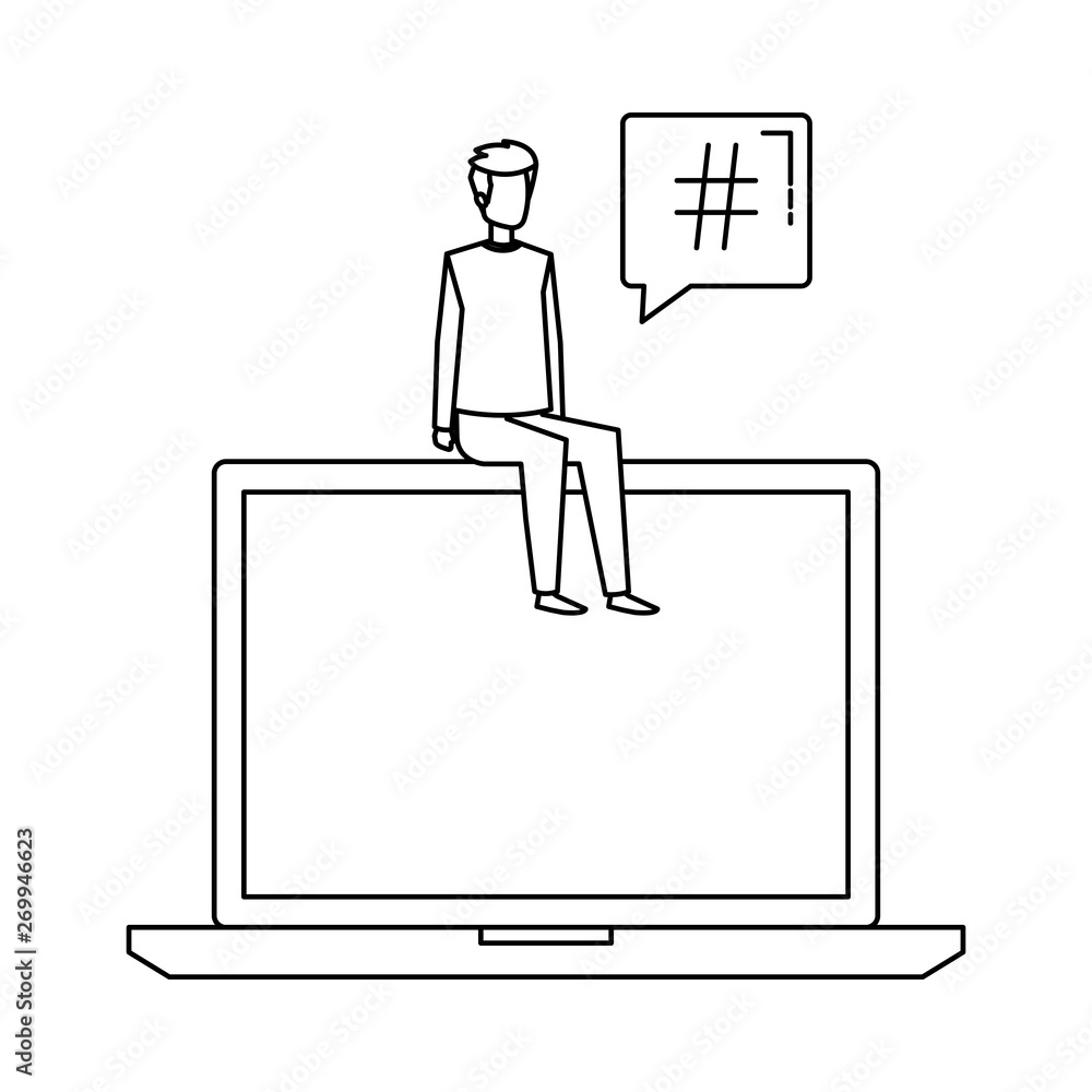 young man seated in laptop with speech bubble young man seated in laptop with speech bubble