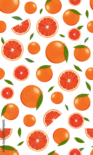 Seamless pattern orange fruits and slice with leaves on white background. Grapefruit vector illustration.