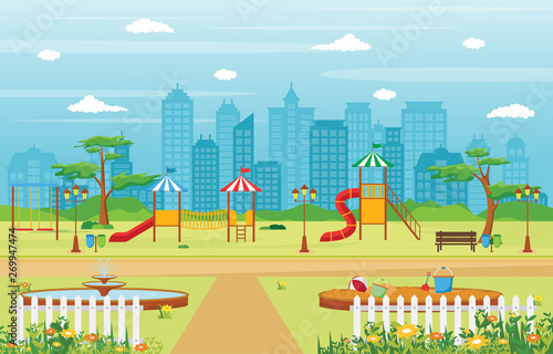 City Park in Summer with Kid Playground Playing Equipment Illustration