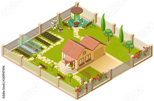 Country house and large garden with pergola, greenhouse and flowers. 3d isometric illustration
