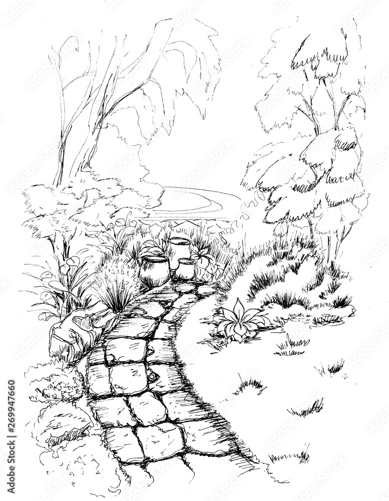 Fototapeta premium Black and white forest pavement sketch