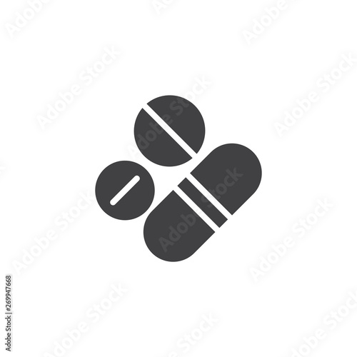 Medical pills vector icon. Medication tablets filled flat sign for mobile concept and web design. Medicine, drug glyph icon. Pharmacy symbol, logo illustration. Vector graphics
