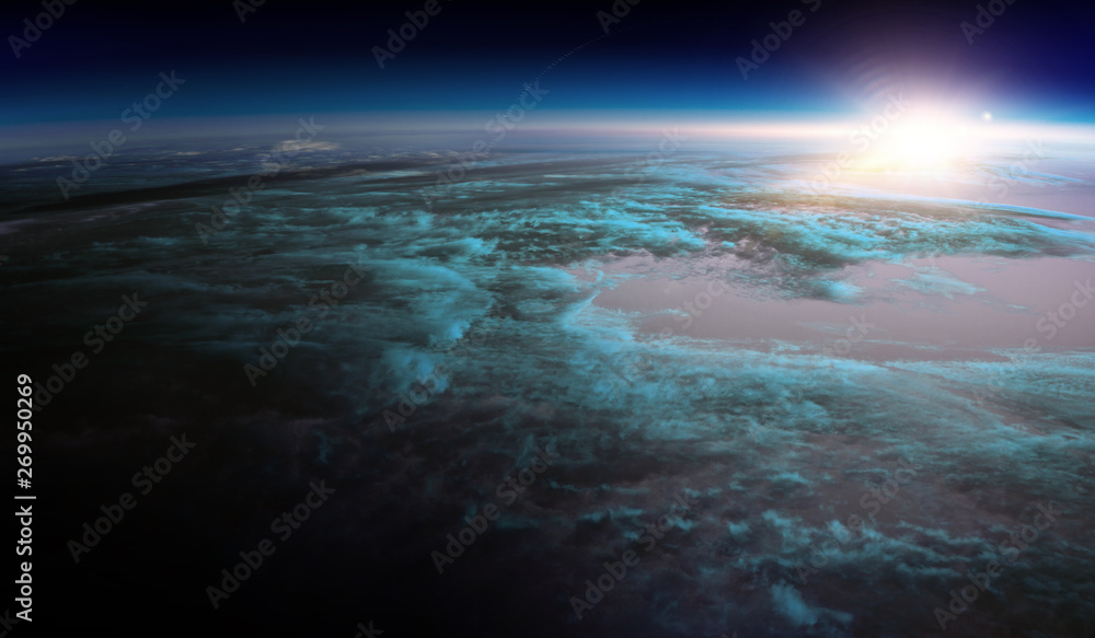 Sunrise on planet orbit, space beauty