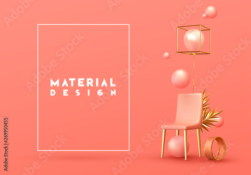 Minimal design background with realistic 3d objects of different shapes. creative abstraction pink chair and golden palm branch leaves, coral sphere, ball round, ballons rose color.