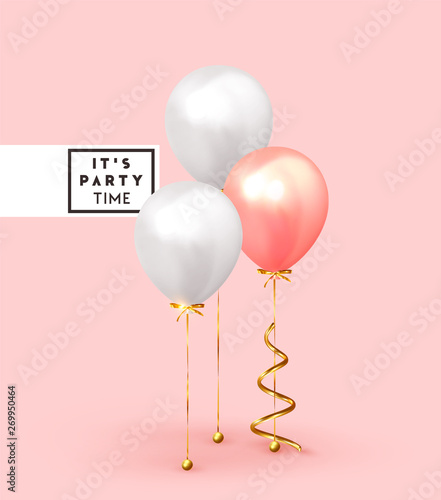 Festive background with helium balloons. Celebrate a birthday, Poster, banner happy anniversary. Realistic decorative design elements. Vector 3d object ballon with ribbon, pink and white color.