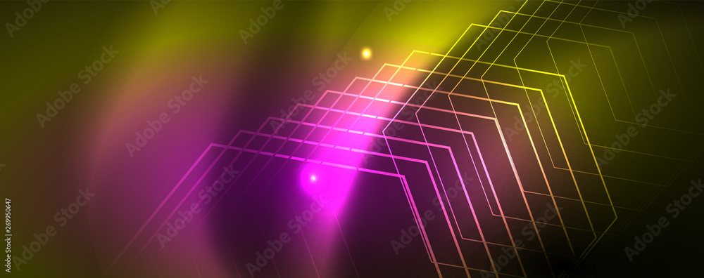 Techno glowing background, futuristic dark template with neon light effects and simple forms, vector