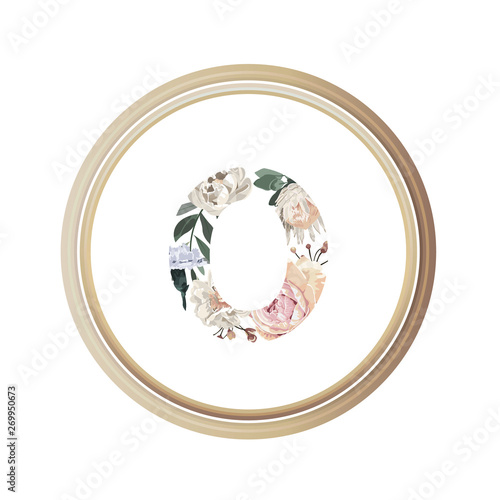 Floral alphabet O of romance greeting card and flower and leaf vector with circle wooden flame.