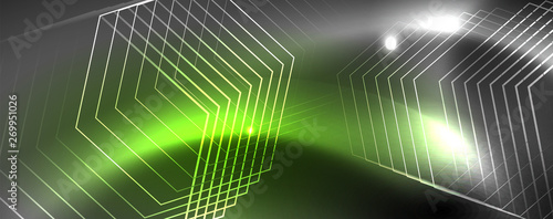 Shiny neon techno template. Neon lines background, 80s style laser rays