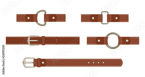 Brown leather belt with buttoned steel buckle, unbuttoned and with different metal haberdashery accessories isolated on a white background. Vector illustration in cartoon flat style.