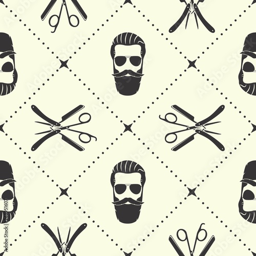 Barbershop seamless pattern with hipster face, hairdressing scissors and razor. Vector illustration.