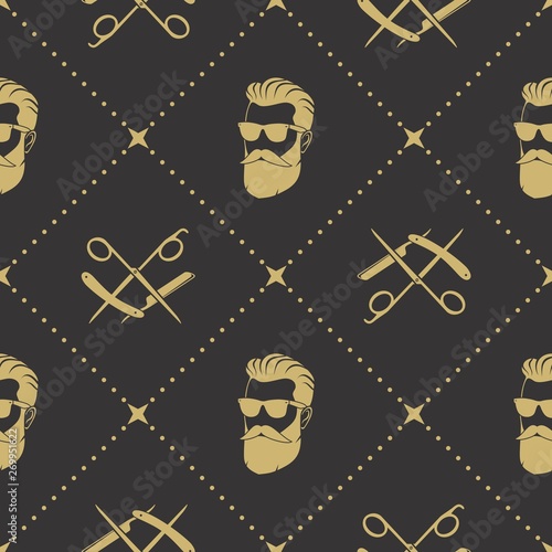 Barbershop seamless pattern with hipster face, hairdressing scissors and razor. Vector illustration.