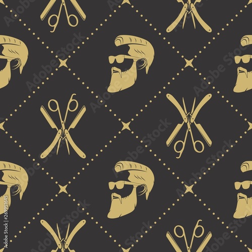 Barbershop seamless pattern with hipster face, hairdressing scissors and razor. Vector illustration.