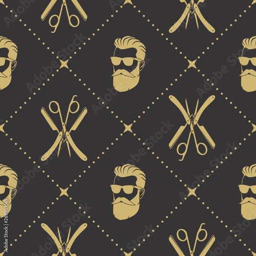 Barbershop seamless pattern with hipster face, hairdressing scissors and razor. Vector illustration.