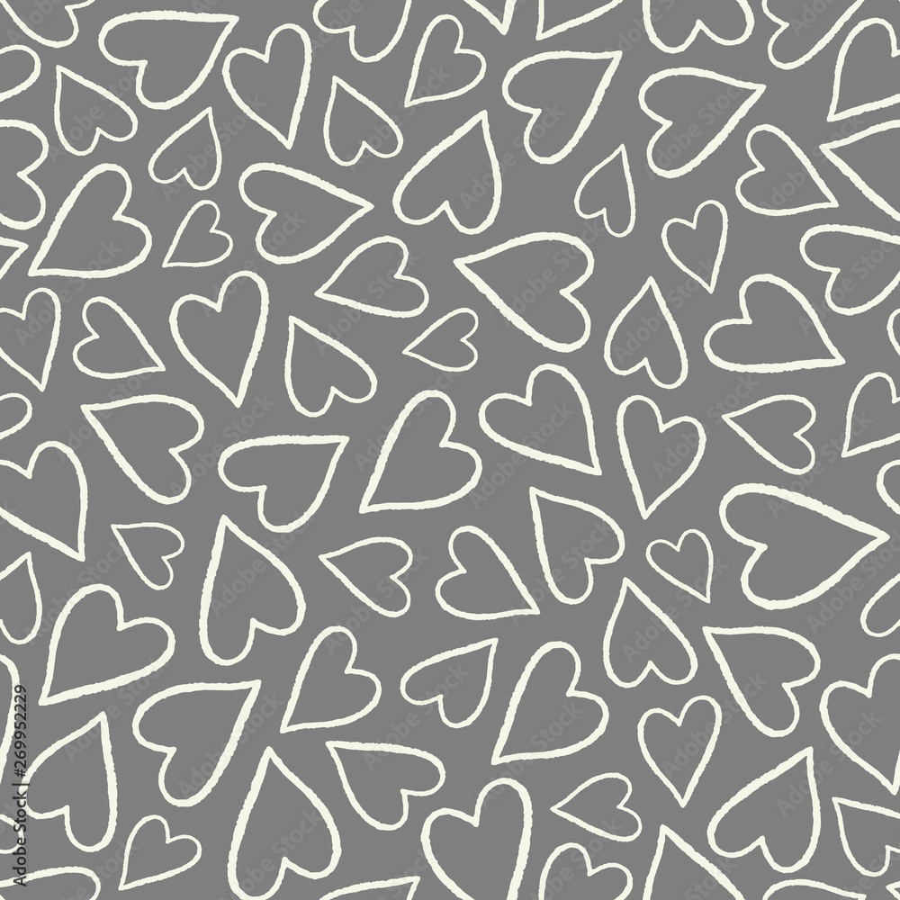 Hand drawn white and grey outlined hearts in a tossed pattern. A pretty vector seamless repeat pattern ideal for valentines fabric, scrap booking and stationery projects projects. Hand drawn white and grey outlined hearts in a tossed pattern. A pretty vector seamless repeat pattern ideal for valentines fabric, scrap booking and stationery projects projects.