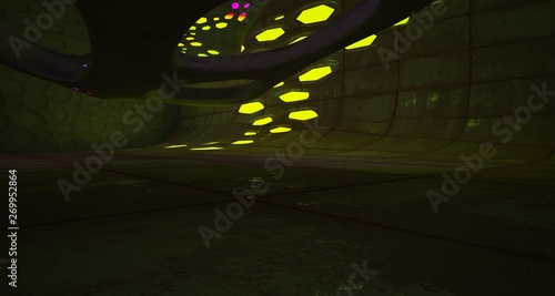 Abstract  Concrete Futuristic Sci-Fi interior With Gradient Colored Glowing Neon Tubes . 3D illustration and rendering.