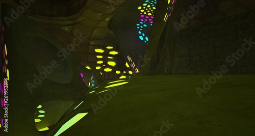 Abstract Concrete Futuristic Sci-Fi interior With Gradient Colored Glowing Neon Tubes . 3D illustration and rendering.