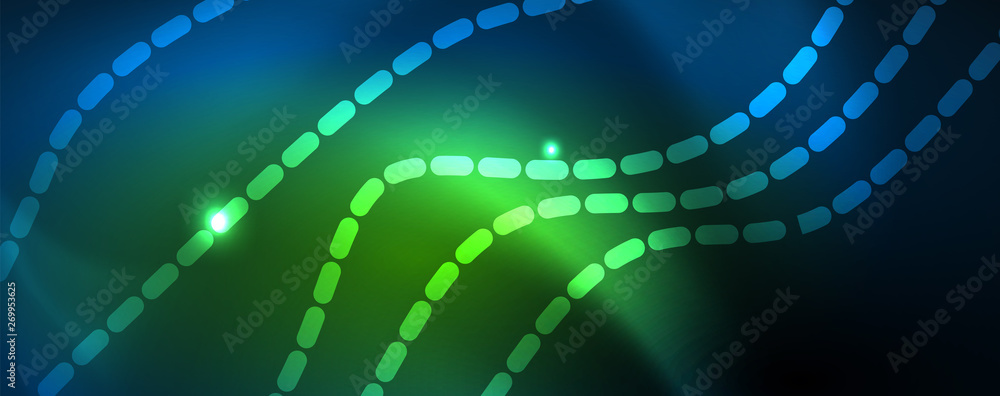 Obraz premium Smooth wave lines on blue neon color light background. Glowing abstract wave on dark, shiny motion, magic space light