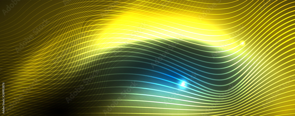Smooth wave lines on blue neon color light background. Glowing abstract wave on dark, shiny motion, magic space light Smooth wave lines on blue neon color light background. Glowing abstract wave on dark, shiny motion, magic space light