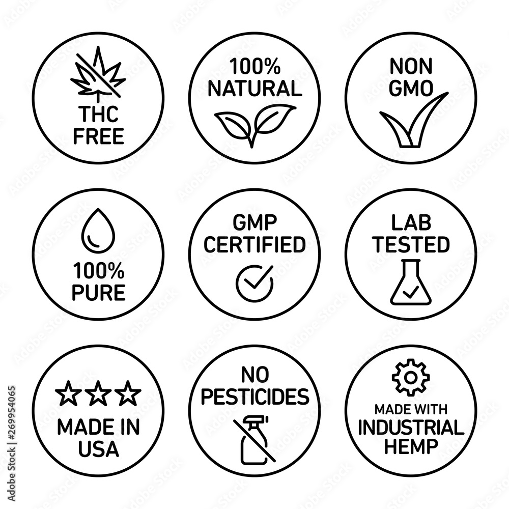 Obraz premium CBD oil icons set including THC free, 100% natural, non GMO, 100% pure, GMP certified, lab tested, made in USA, no pesticides, made with industrial hemp - Vector 