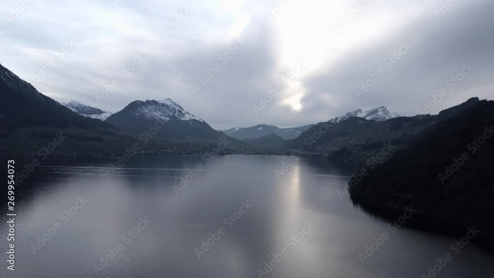 Lake Lucerne Switzerland Cinematic Scenery Aerial With Swiss Alps Peaks Coat and Skyline Reflection on Water 4k Lake Lucerne Switzerland Cinematic Scenery Aerial With Swiss Alps Peaks Coat and Skyline Reflection on Water 4k