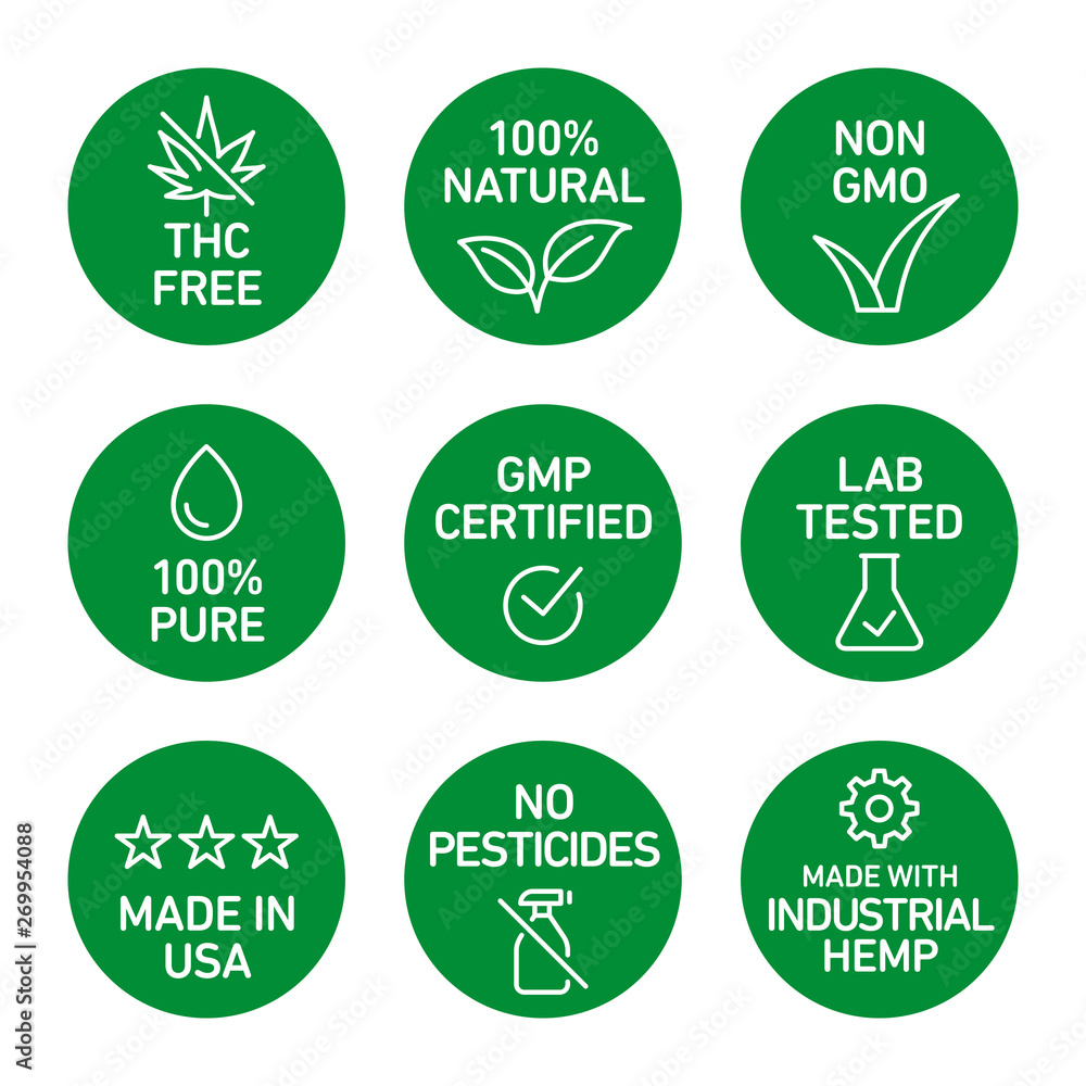 CBD oil icons set including THC free, 100% natural, non GMO, 100% pure, GMP certified, lab tested, made in USA, no pesticides, made with industrial hemp - Vector CBD oil icons set including THC free, 100% natural, non GMO, 100% pure, GMP certified, lab tested, made in USA, no pesticides, made with industrial hemp - Vector