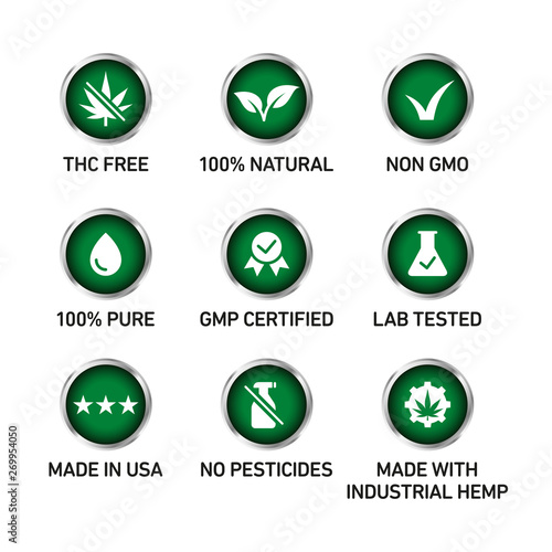 CBD oil icons set including THC free, 100% natural, non GMO, 100% pure, GMP certified, lab tested,  made in USA, no pesticides, made with industrial hemp - Vector 