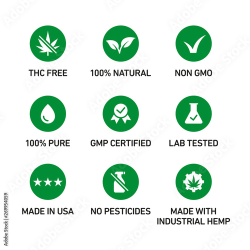 CBD oil icons set including THC free, 100% natural, non GMO, 100% pure, GMP certified, lab tested,  made in USA, no pesticides, made with industrial hemp - Vector 