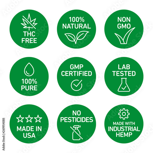 CBD oil icons set including THC free, 100% natural, non GMO, 100% pure, GMP certified, lab tested,  made in USA, no pesticides, made with industrial hemp - Vector 
