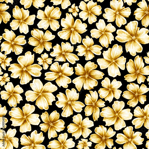 Pencil drawing floral seamless pattern. Many different size golden colored flowers like jewelry brooch on black background. Luxury template for design  banner  ceramic tile  glass mosaic.