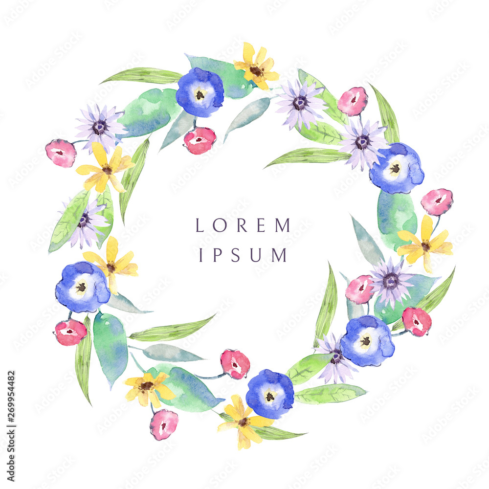 Watercolor wreath with wildflowers, pansies, daisies, leaves and grass.
