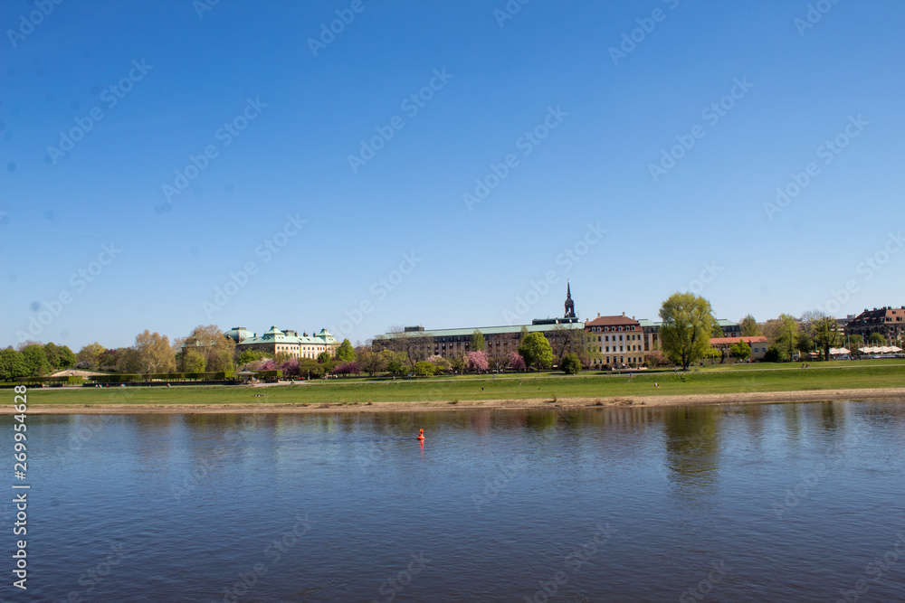Panorama of Dresden Old Town over the Elbe River in spring, Germany. 