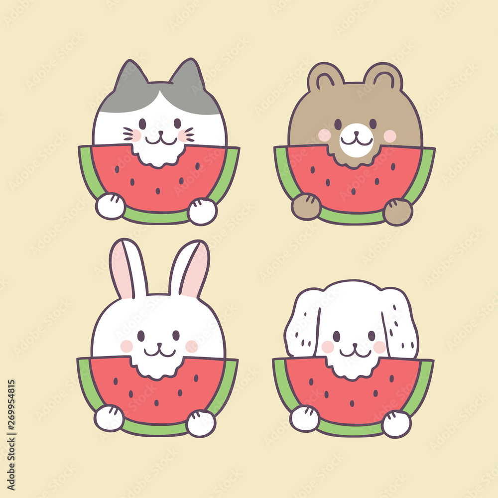 Cartoon cute summer cat and watermelon vector. Cartoon cute summer cat and watermelon vector.