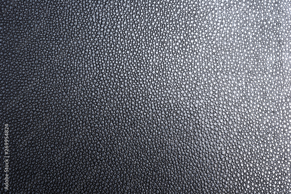 A macro or close-up shot of the visible and raised textured grain of a faux black leather with dramatic side lighting. A macro or close-up shot of the visible and raised textured grain of a faux black leather with dramatic side lighting.