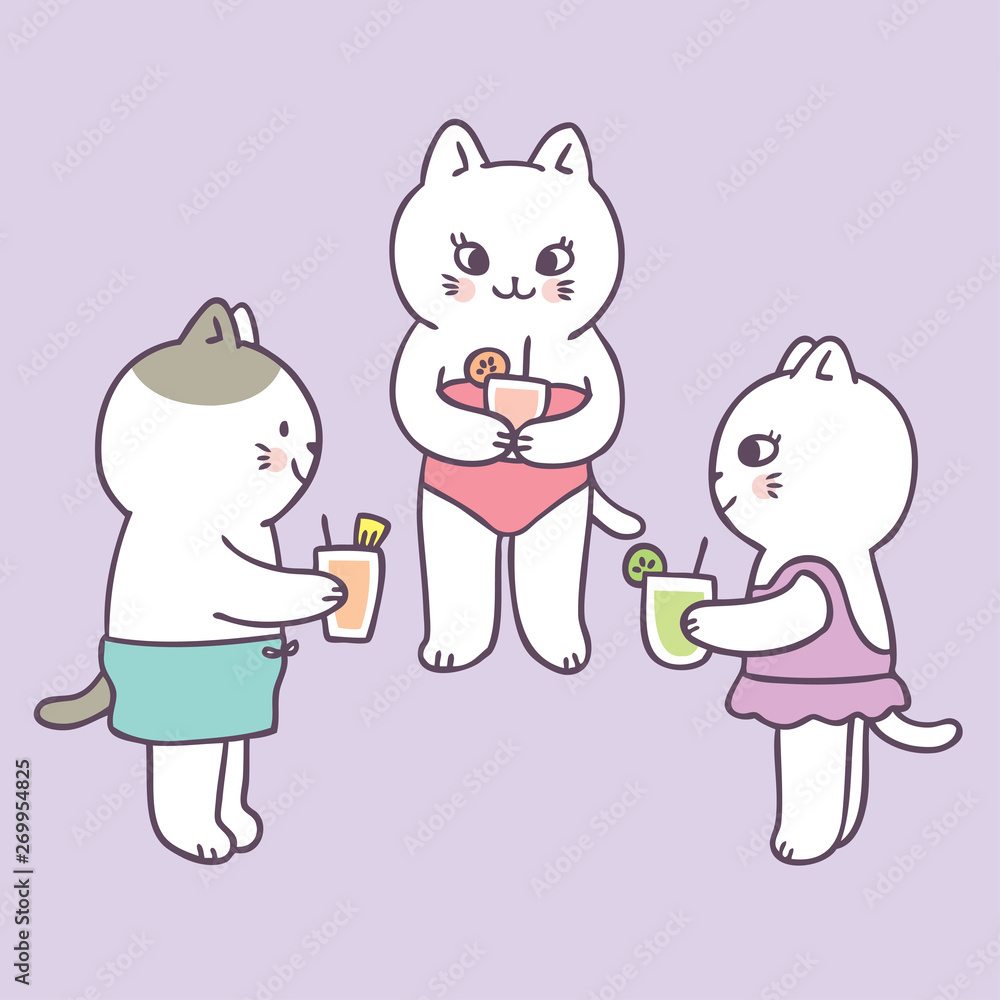 Cartoon cute summer cats and drink vector.