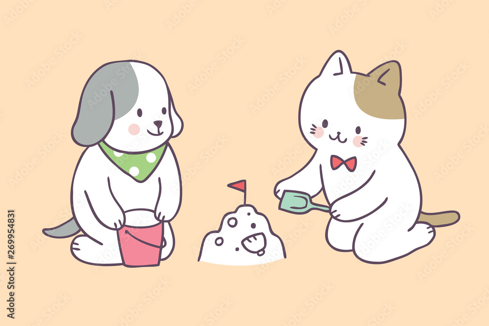 Fototapeta premium Cartoon cute summer cat and dog playing vector.