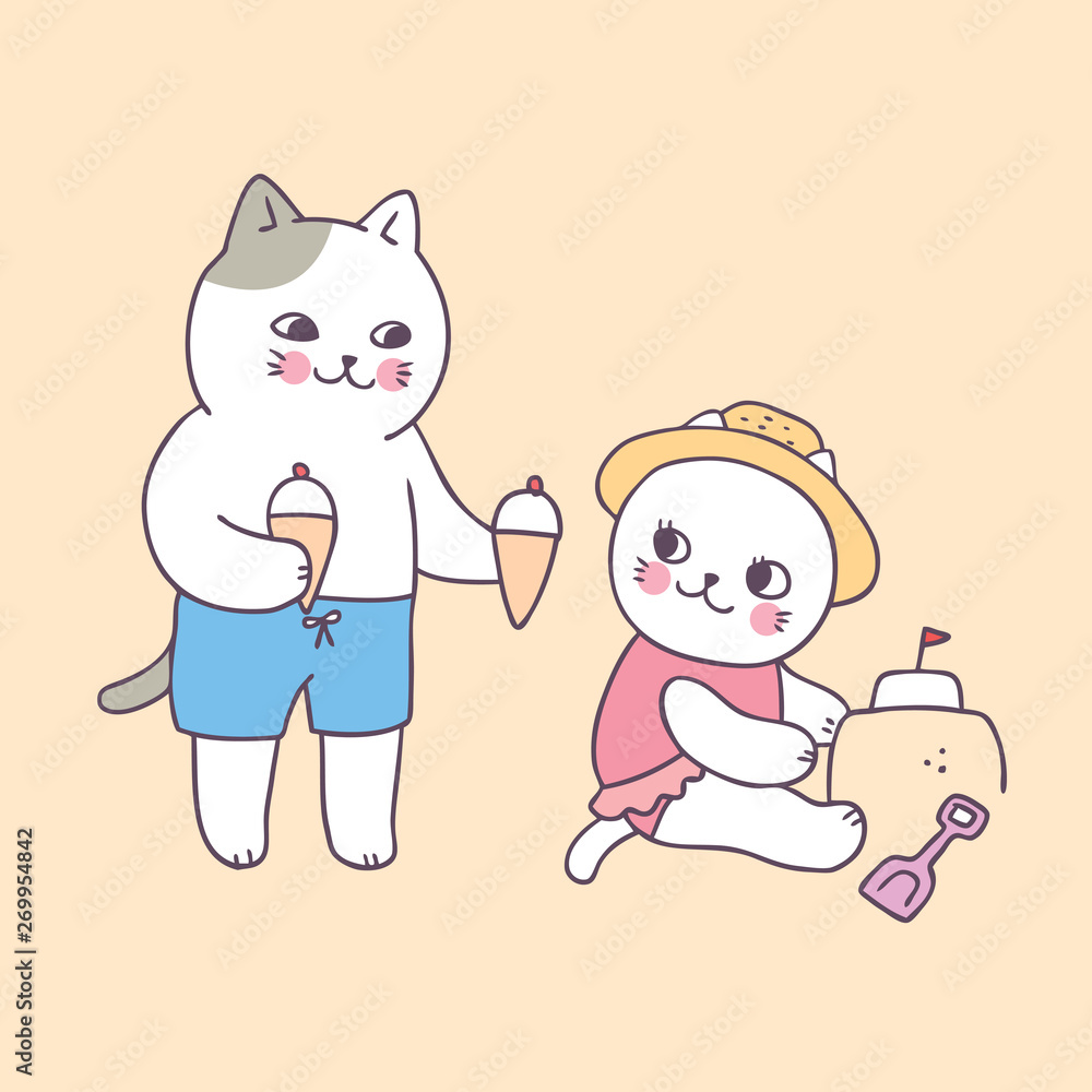 Cartoon cute summer cats and ice cream vector. Cartoon cute summer cats and ice cream vector.