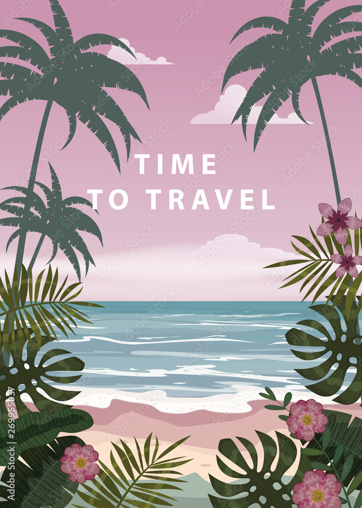 Time to travel Summer holidays vacation seascape landscape ocean sea beach, coast. Retro, tropical leaves