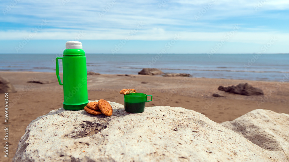 Mug with tea and cookies, picnic in nature