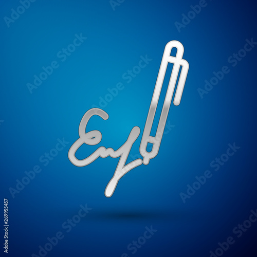 Silver Signature line icon isolated on blue background. Pen and undersign, underwrite, ratify symbol. Vector Illustration